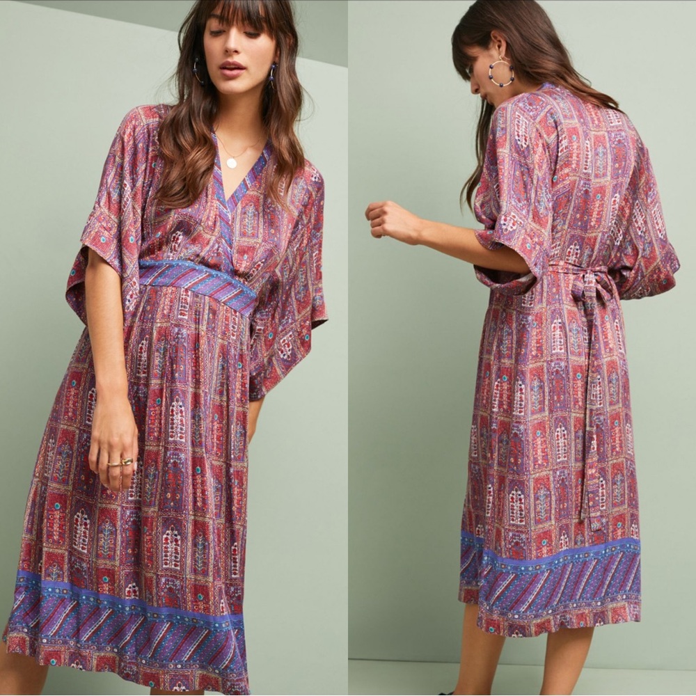 Anthropologie Omina Kimono Midi Dress Red Pattern